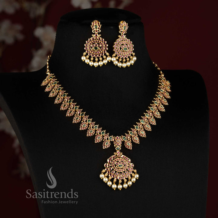 24K One Gram Micro Gold Plated Leaf Link AD Stone Necklace Set for Festive Wear - Sasitrends