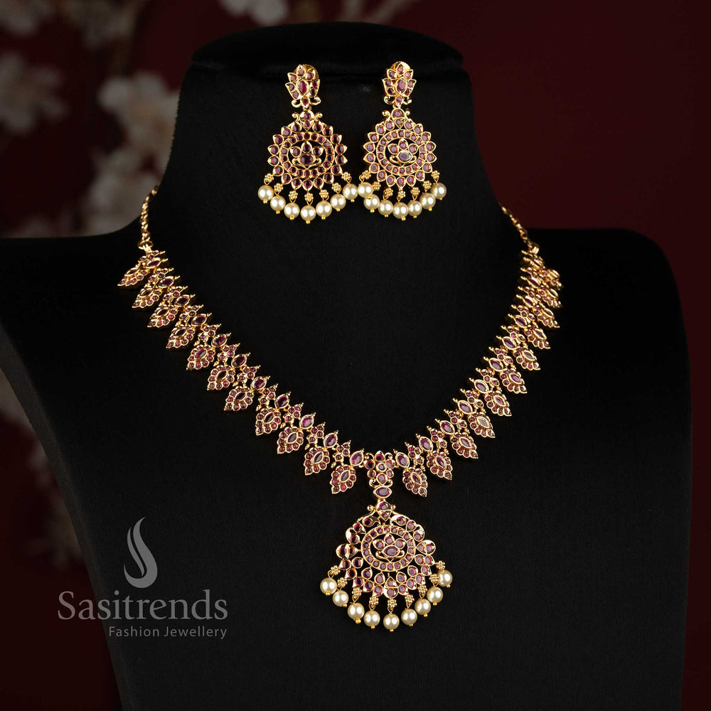 One Gram 24K Micro Gold Plated Leaf Link AD Stone Necklace Set with Pearl Drops - Sasitrends