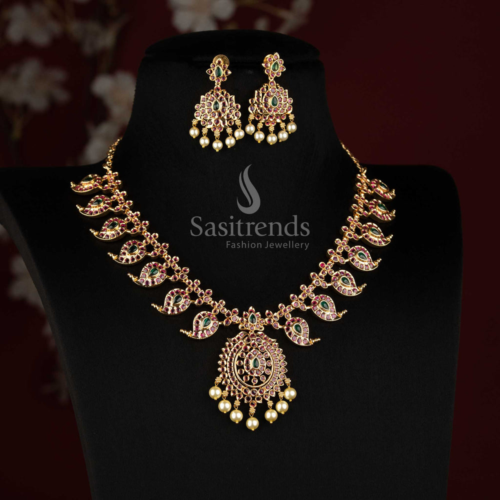 Traditional South Indian Manga Malai AD Stone Micro Gold Necklace Set with Earrings - Sasitrends