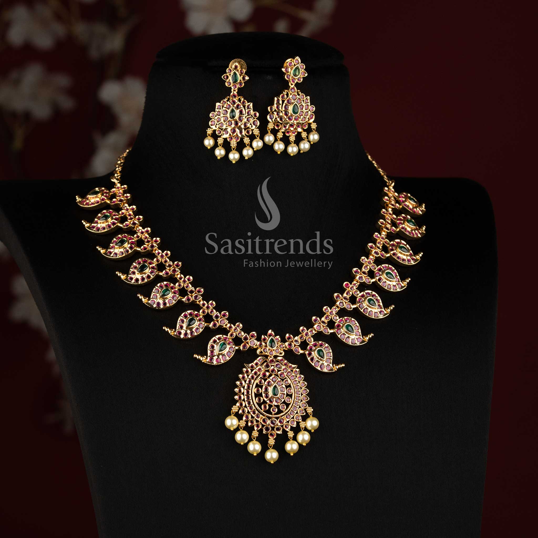 Traditional South Indian Manga Malai AD Stone Micro Gold Necklace Set with Earrings - Sasitrends