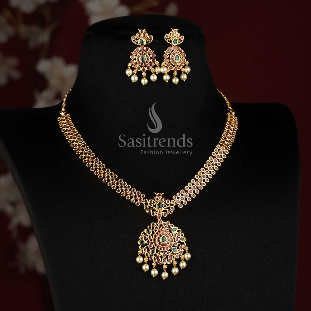 One Gram Micro Gold Plated Double Row AD Stone Necklace Set with Pearl Drops for Women - Sasitrends