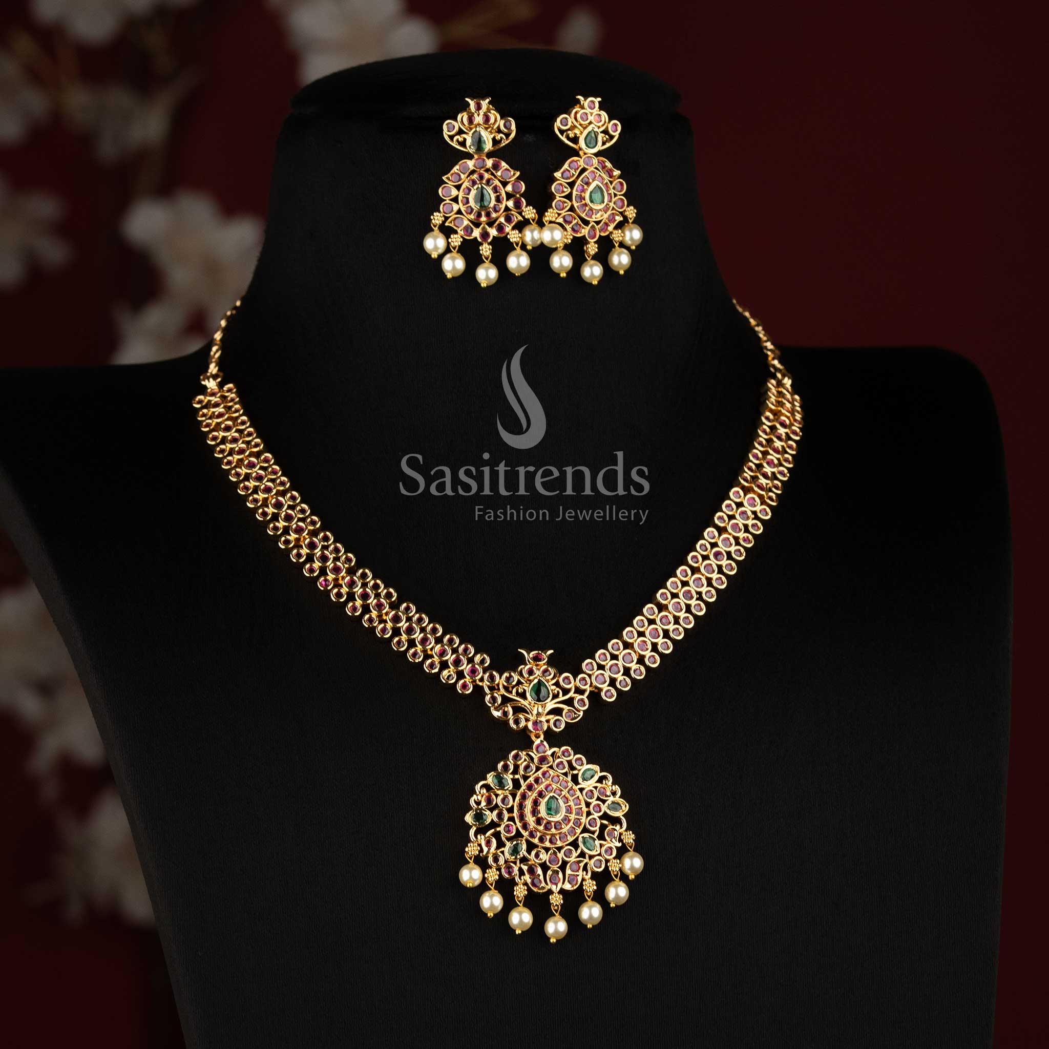 One Gram Micro Gold Plated Double Row AD Stone Necklace Set with Pearl Drops for Women - Sasitrends