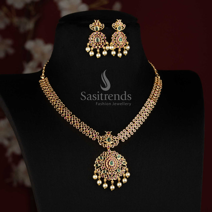 One Gram Micro Gold Plated Double Row AD Stone Necklace Set with Pearl Drops for Women - Sasitrends
