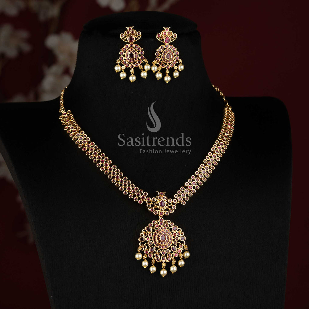 One Gram 24K Micro Gold Plated Double Row AD Stone Necklace Set with Pearl Drops - Sasitrends