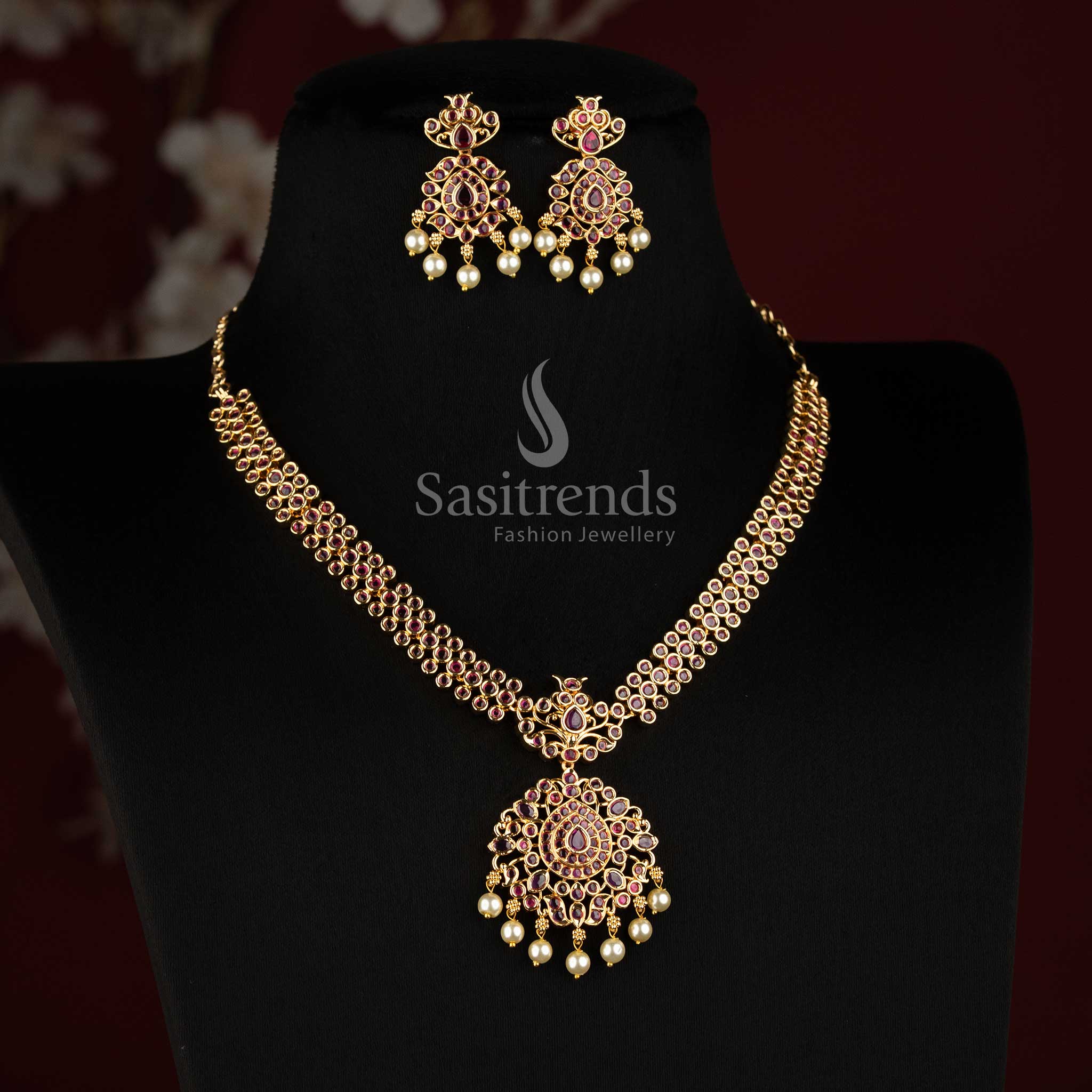 One Gram 24K Micro Gold Plated Double Row AD Stone Necklace Set with Pearl Drops - Sasitrends
