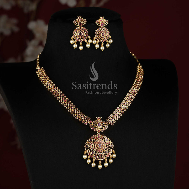 Beautiful Micro Gold Plated Double Row AD Stone Necklace Jewellery Set with Pearl Drops - Sasitrends