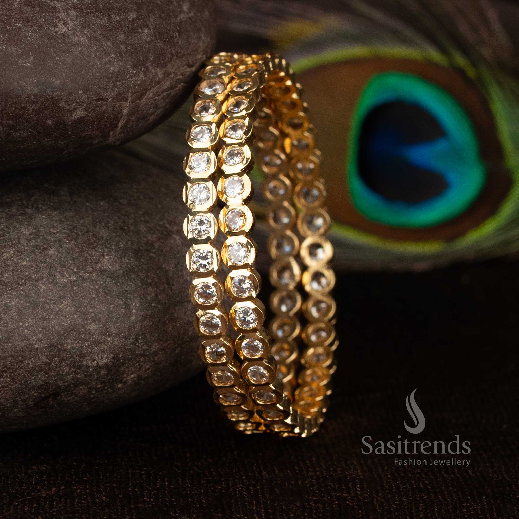 Royal Sparkle Impon micro gold plated bangle featuring sparkling AD stone detailing with real gold-like finish - Sasitrends.