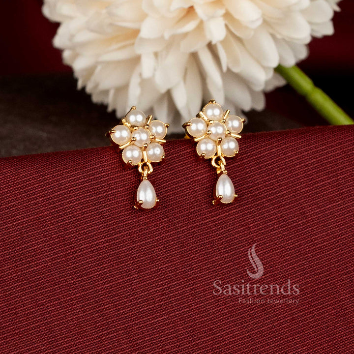 Elegant Pearl Blossom stud earrings with hanging pearl drop and luxurious micro gold plated finish - Sasitrends