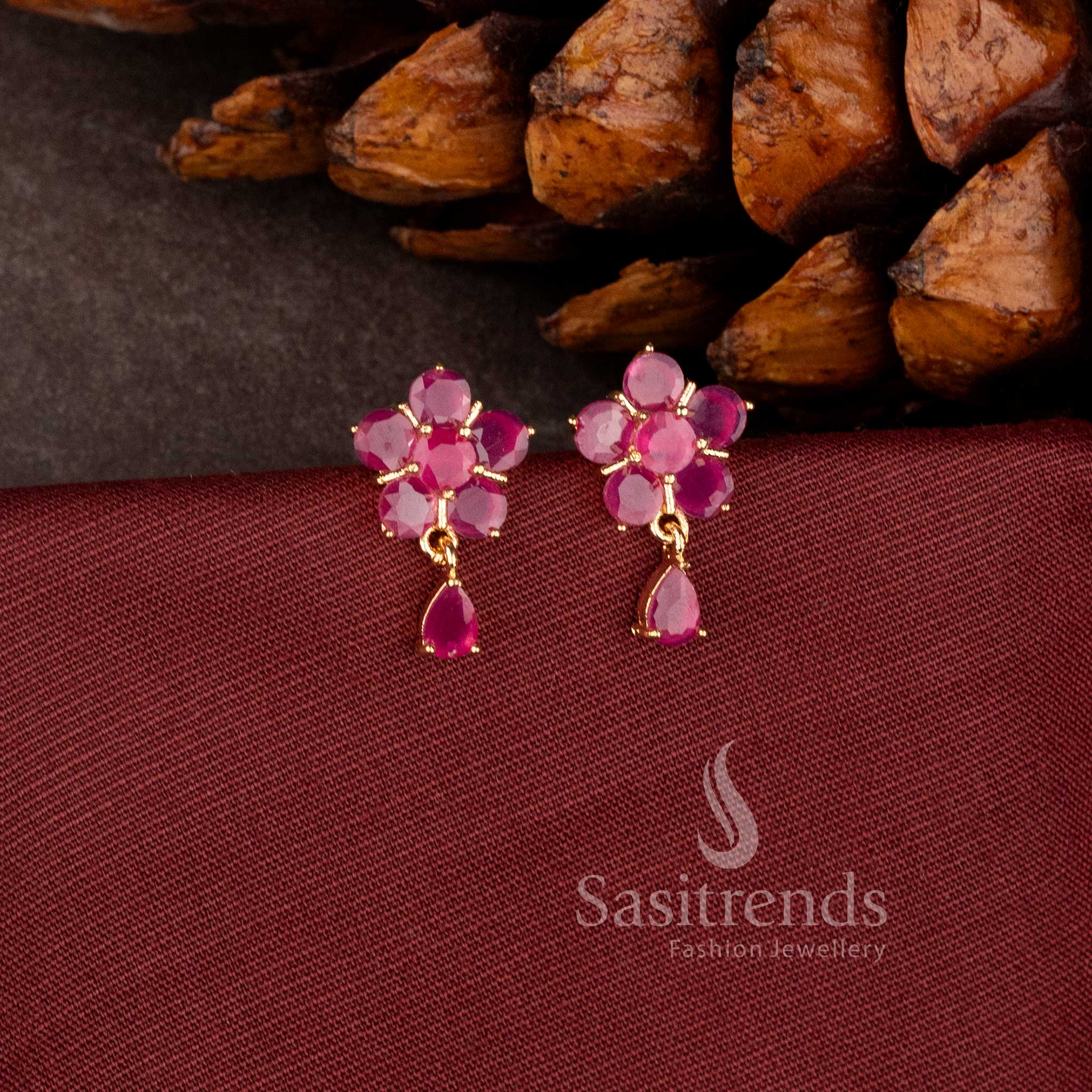 Elegant Pearl Blossom stud earrings with hanging pearl drop and luxurious micro gold plated finish - Sasitrends