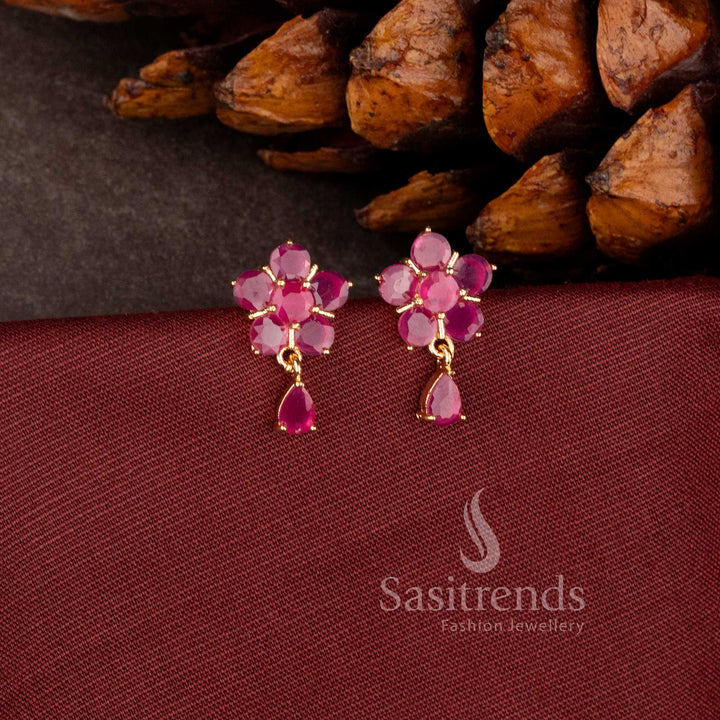 Elegant Pearl Blossom stud earrings with hanging pearl drop and luxurious micro gold plated finish - Sasitrends