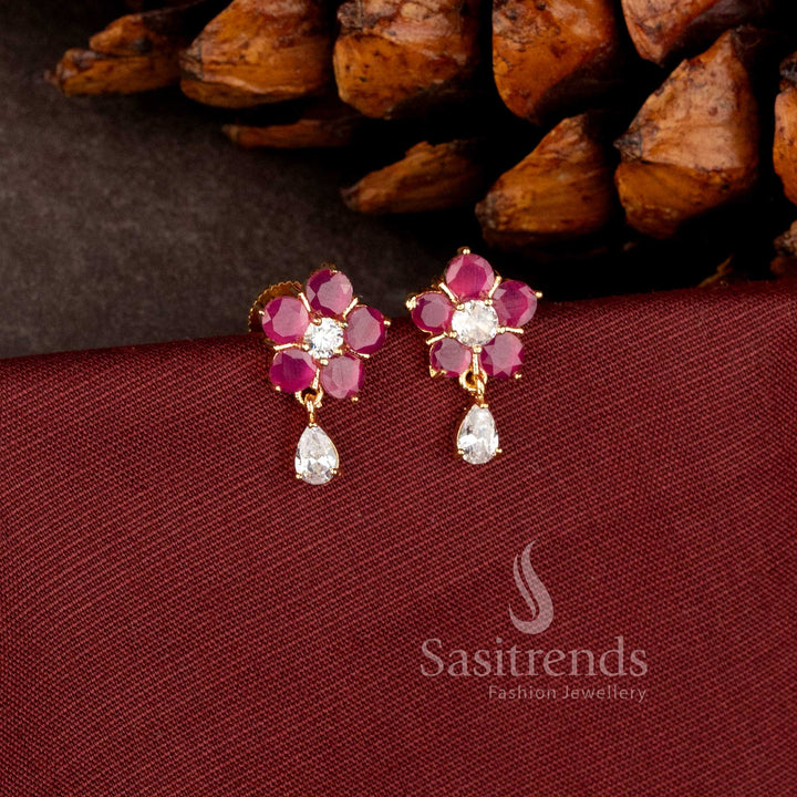 Elegant Pearl Blossom stud earrings with hanging pearl drop and luxurious micro gold plated finish - Sasitrends
