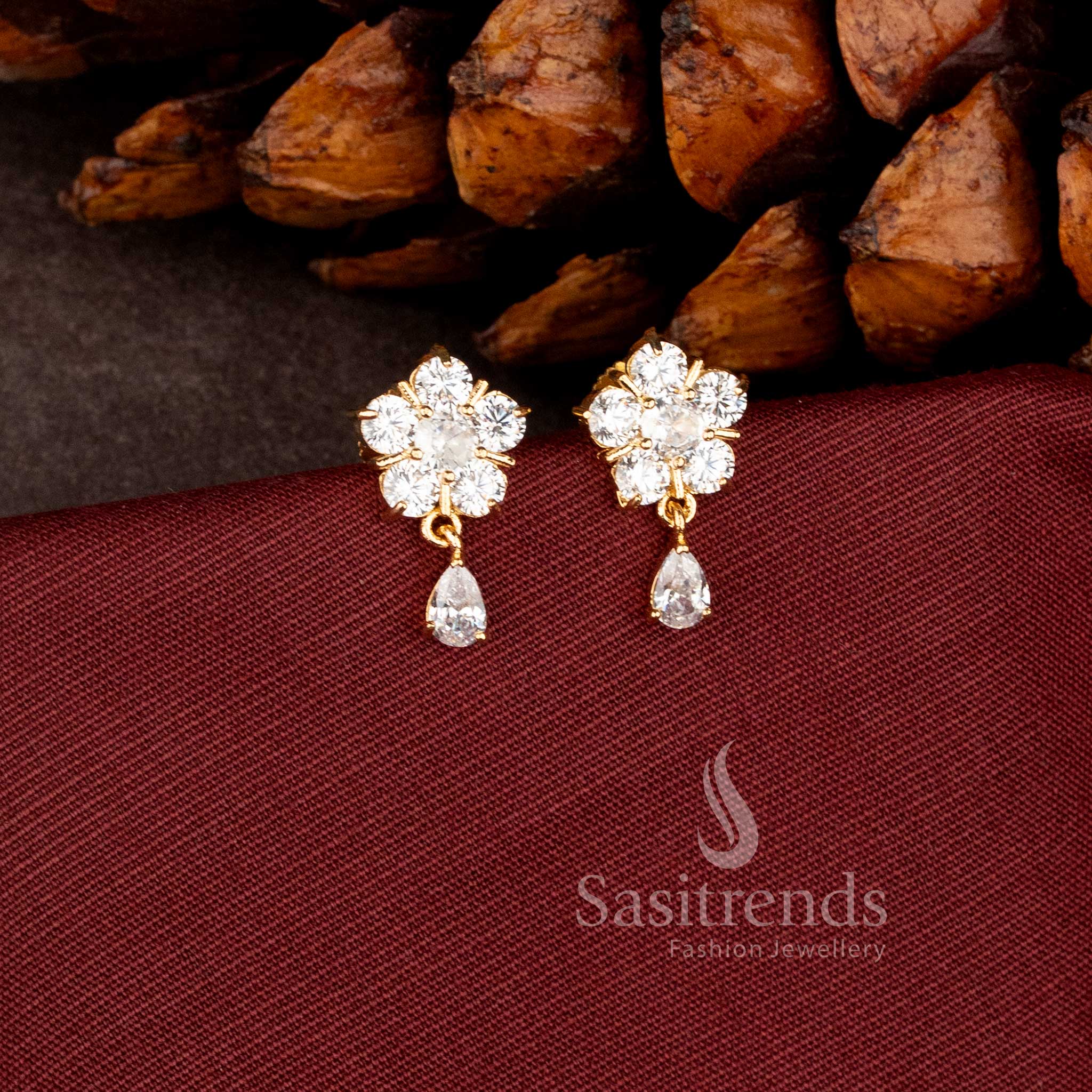 Elegant Pearl Blossom stud earrings with hanging pearl drop and luxurious micro gold plated finish - Sasitrends