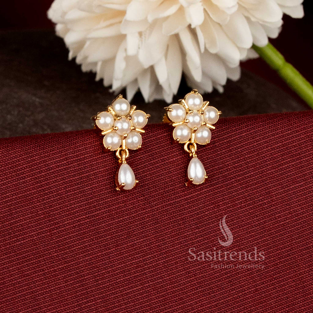 Pearl Blossom Drop One Gram Micro Gold Plated Pearl Stud Earrings featuring floral pearl cluster design with elegant hanging pearl drop - Sasitrends
