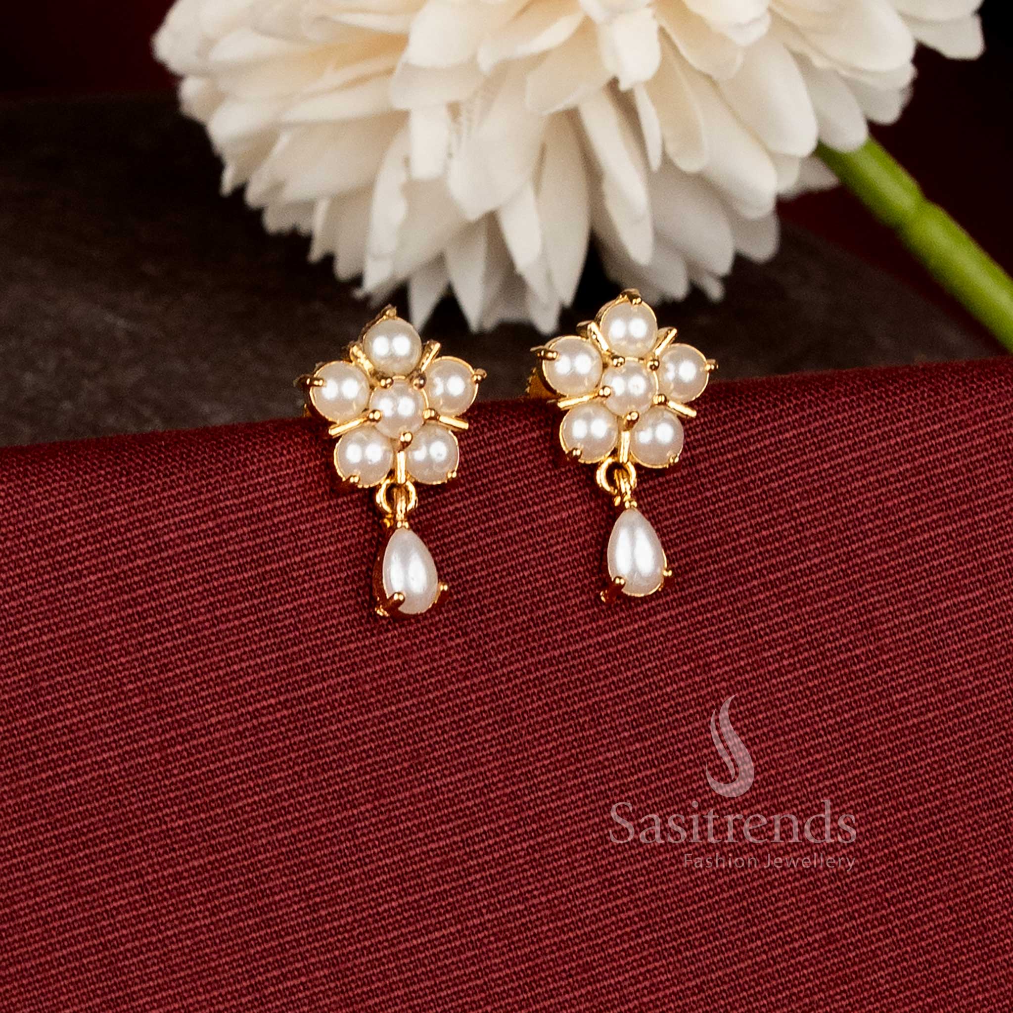 Pearl Blossom Drop One Gram Micro Gold Plated Pearl Stud Earrings featuring floral pearl cluster design with elegant hanging pearl drop - Sasitrends