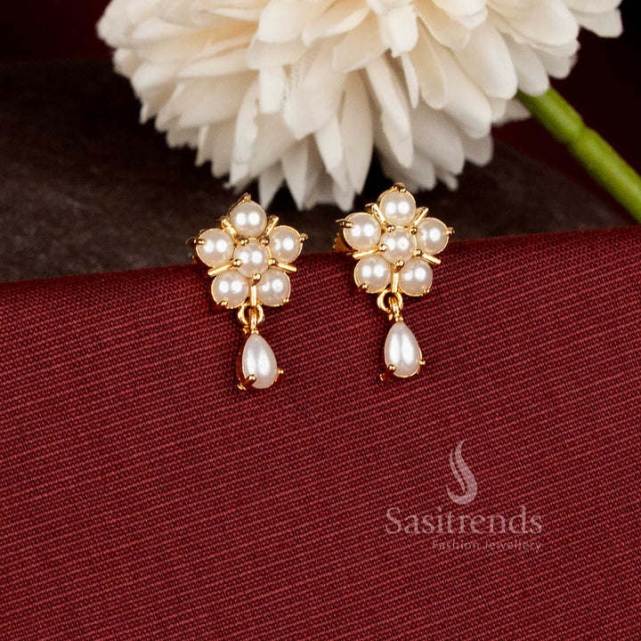 Pearl Blossom Drop One Gram Micro Gold Plated Pearl Stud Earrings featuring floral pearl cluster design with elegant hanging pearl drop - Sasitrends