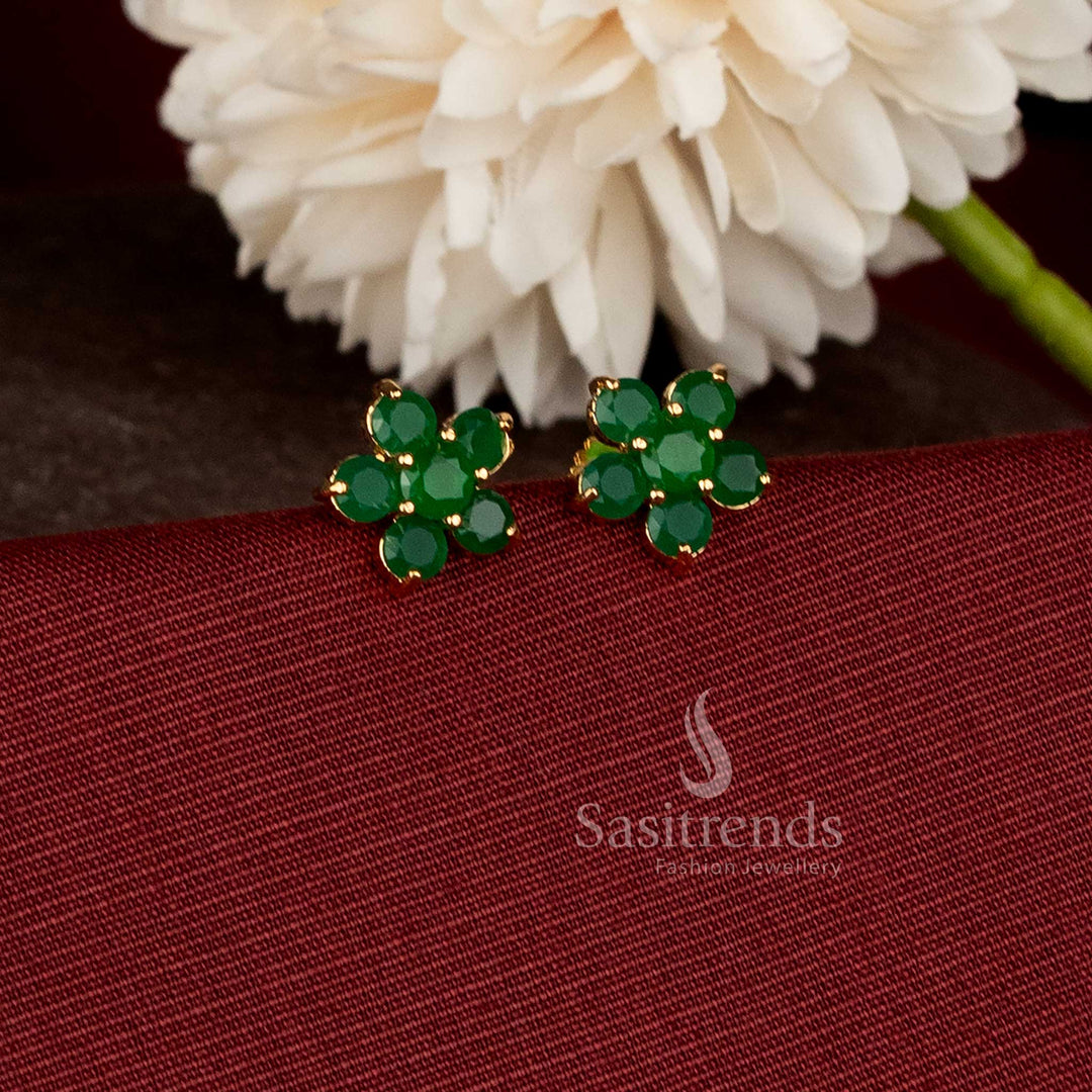 Bloom Petal One Gram Micro Gold Plated Floral Stud Earrings featuring elegant flower-inspired stone design and 24K gold-like finish - Sasitrends