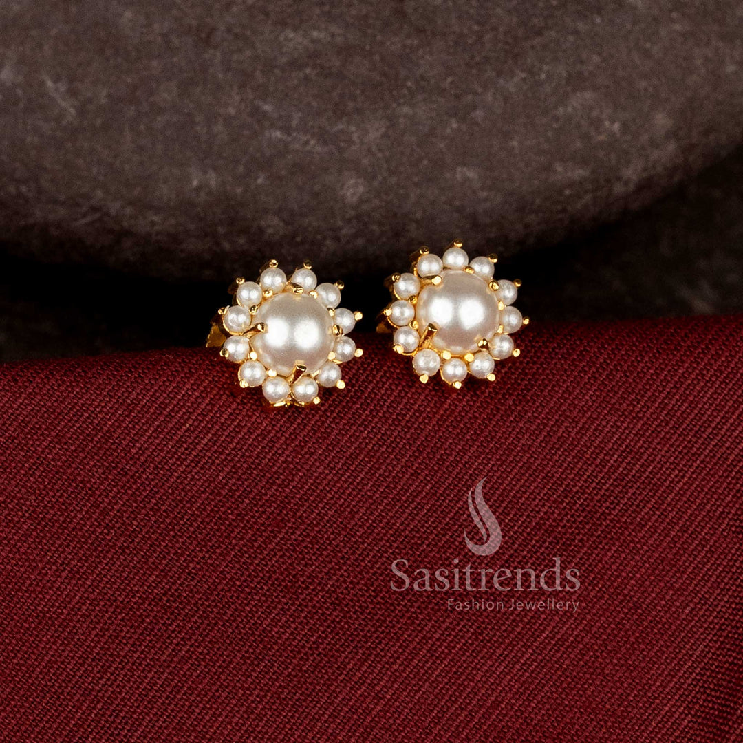 Royal Pearl Bloom micro gold plated stud earrings with elegant floral pearl arrangement - Sasitrends