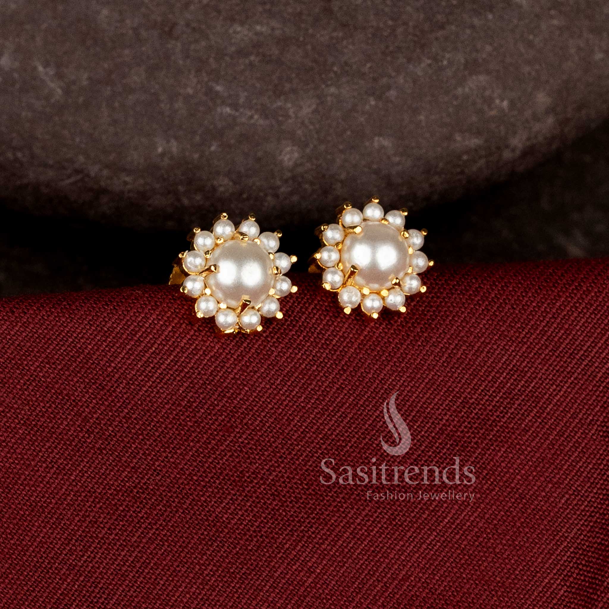 Royal Pearl Bloom micro gold plated stud earrings with elegant floral pearl arrangement - Sasitrends