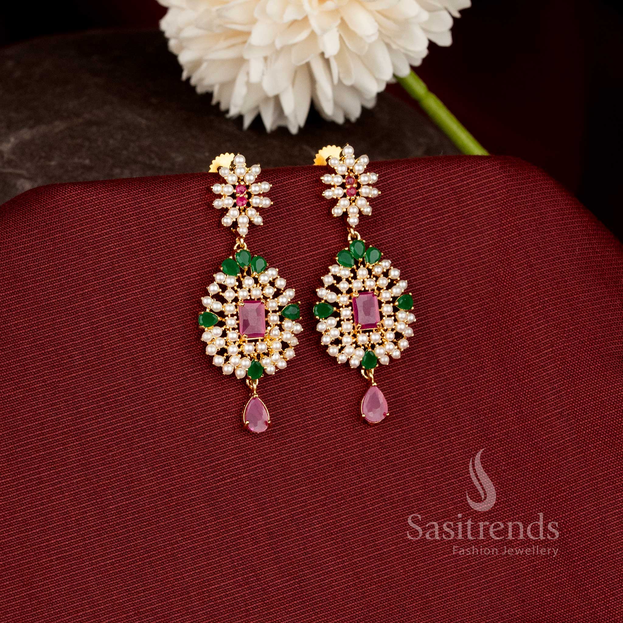 Royal Blossom micro gold plated floral drop earrings featuring intricate stone detailing and elegant ornamental craftsmanship for traditional occasions - Sasitrends.