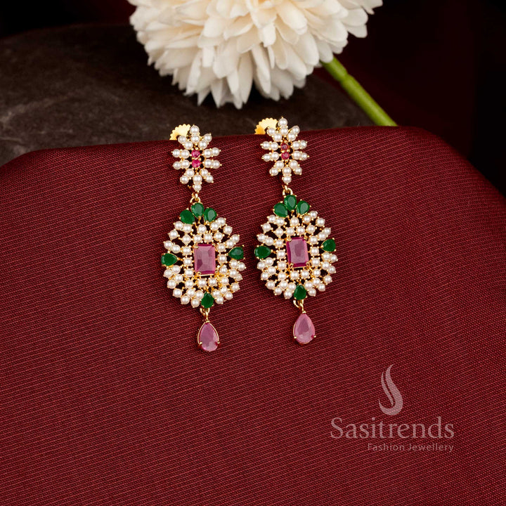Royal Blossom micro gold plated floral drop earrings featuring intricate stone detailing and elegant ornamental craftsmanship for traditional occasions - Sasitrends.