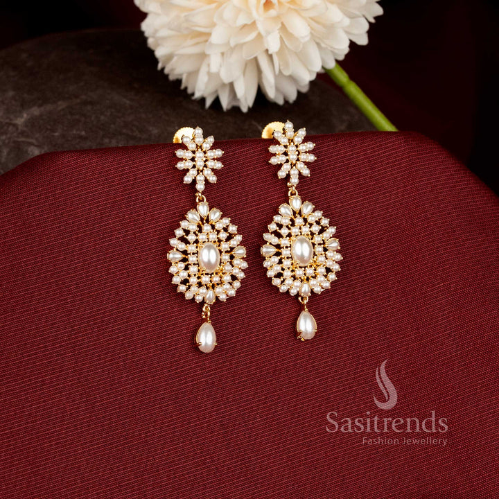 Traditional micro gold plated statement earrings showcasing a regal floral motif with premium craftsmanship and luxurious finish - Sasitrends.