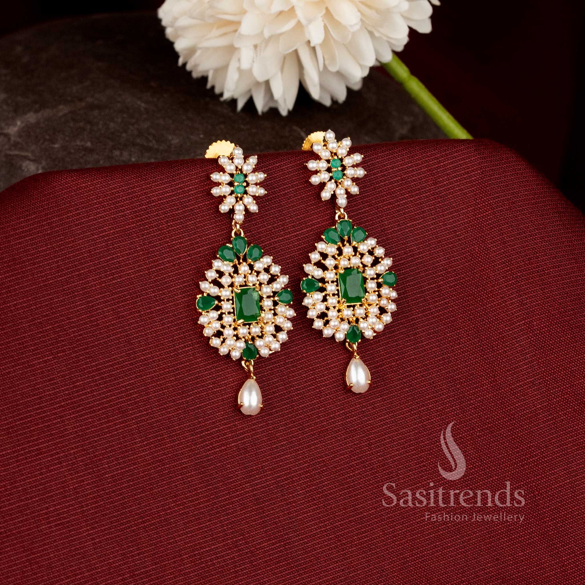 Traditional micro gold plated statement earrings showcasing a regal floral motif with premium craftsmanship and luxurious finish - Sasitrends.
