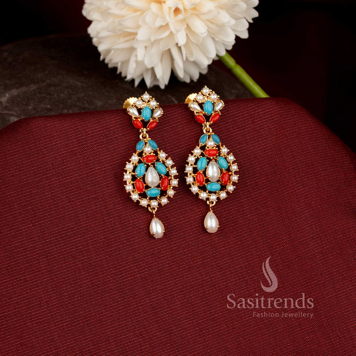 Traditional designer drop earrings showcasing intricate craftsmanship with luxurious micro gold plated finishing for special occasions - Sasitrends.