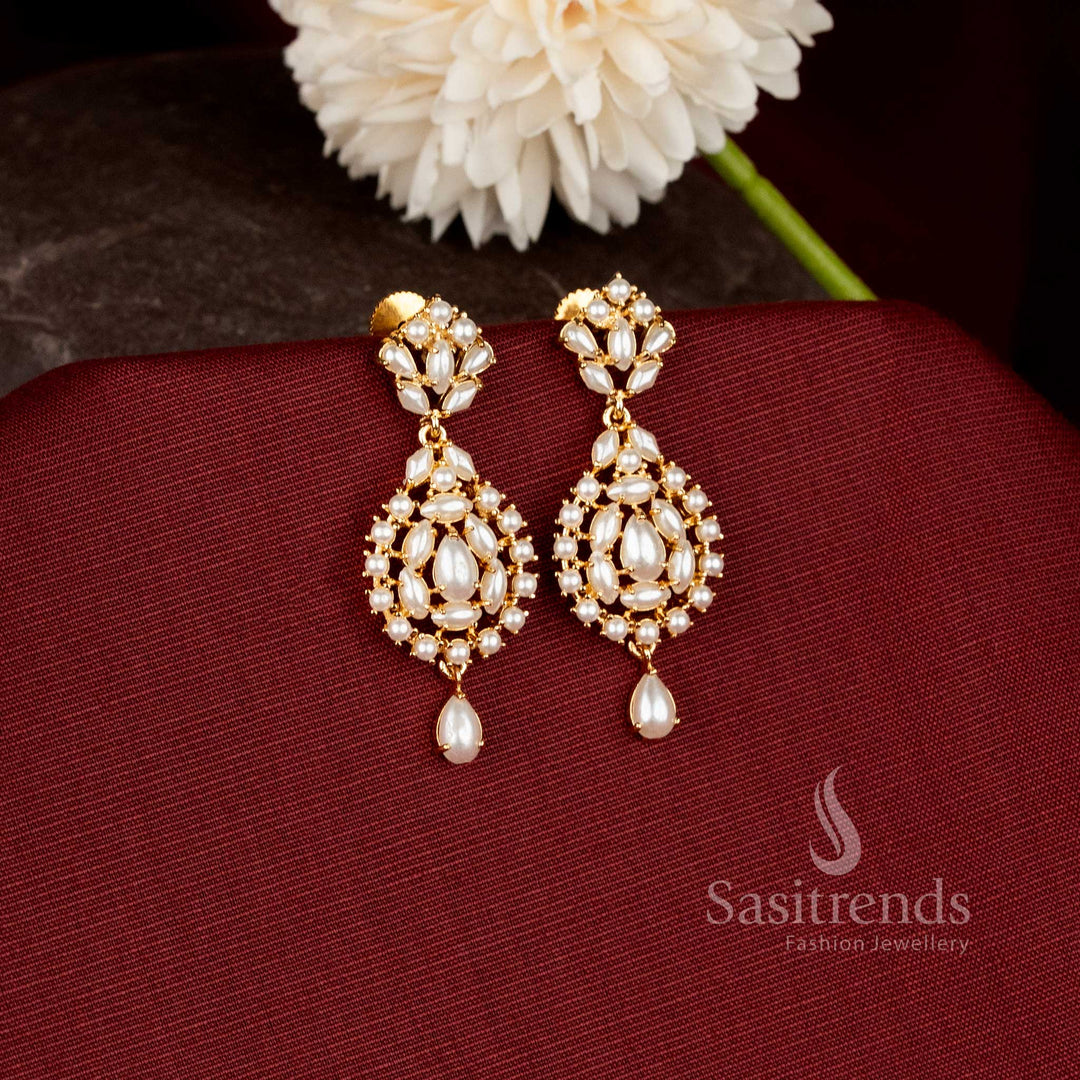 Grand festive wear micro gold plated earrings featuring refined teardrop motifs and premium traditional design - Sasitrends.