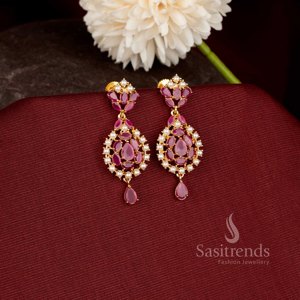 Grand festive wear micro gold plated earrings featuring refined teardrop motifs and premium traditional design - Sasitrends.