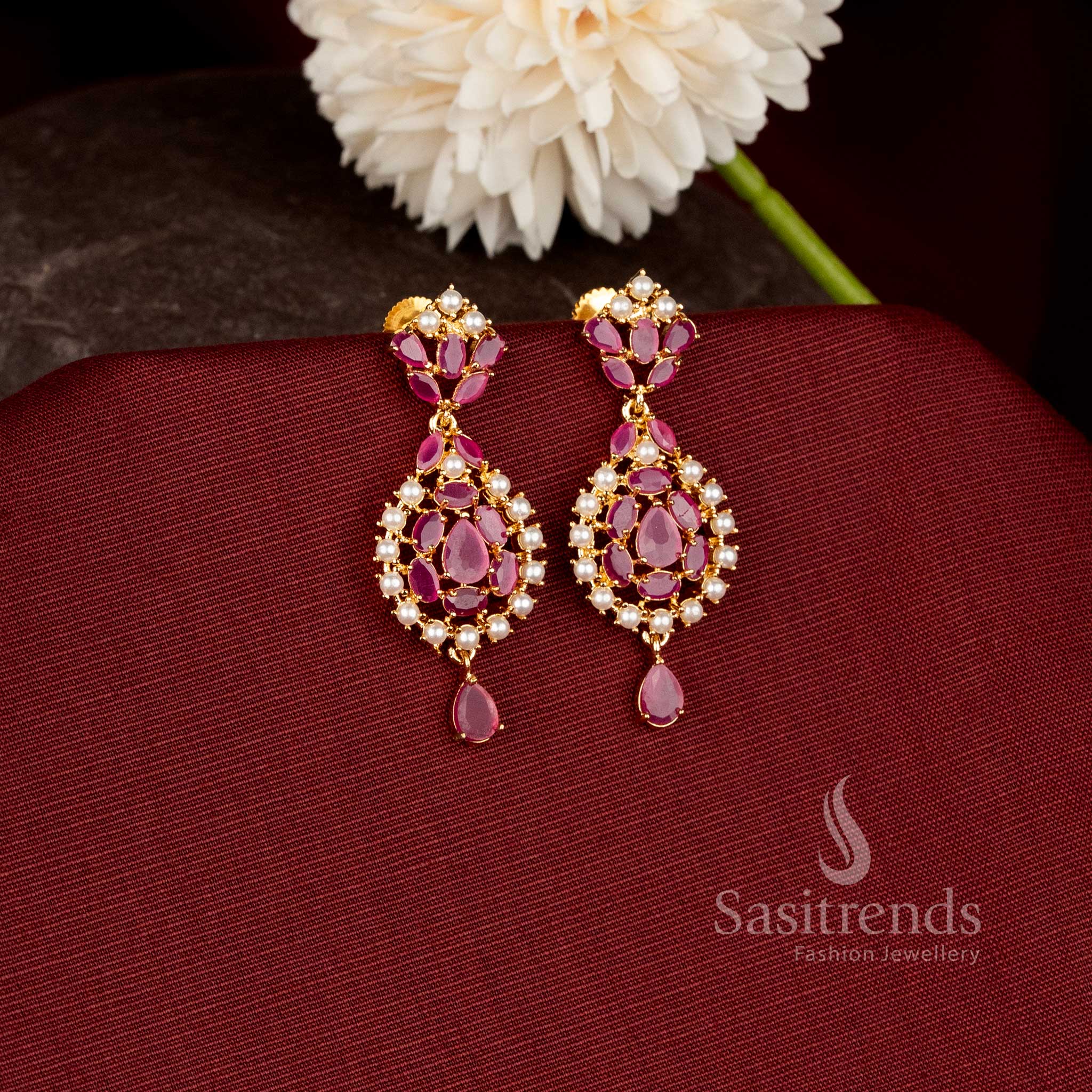 Grand festive wear micro gold plated earrings featuring refined teardrop motifs and premium traditional design - Sasitrends.