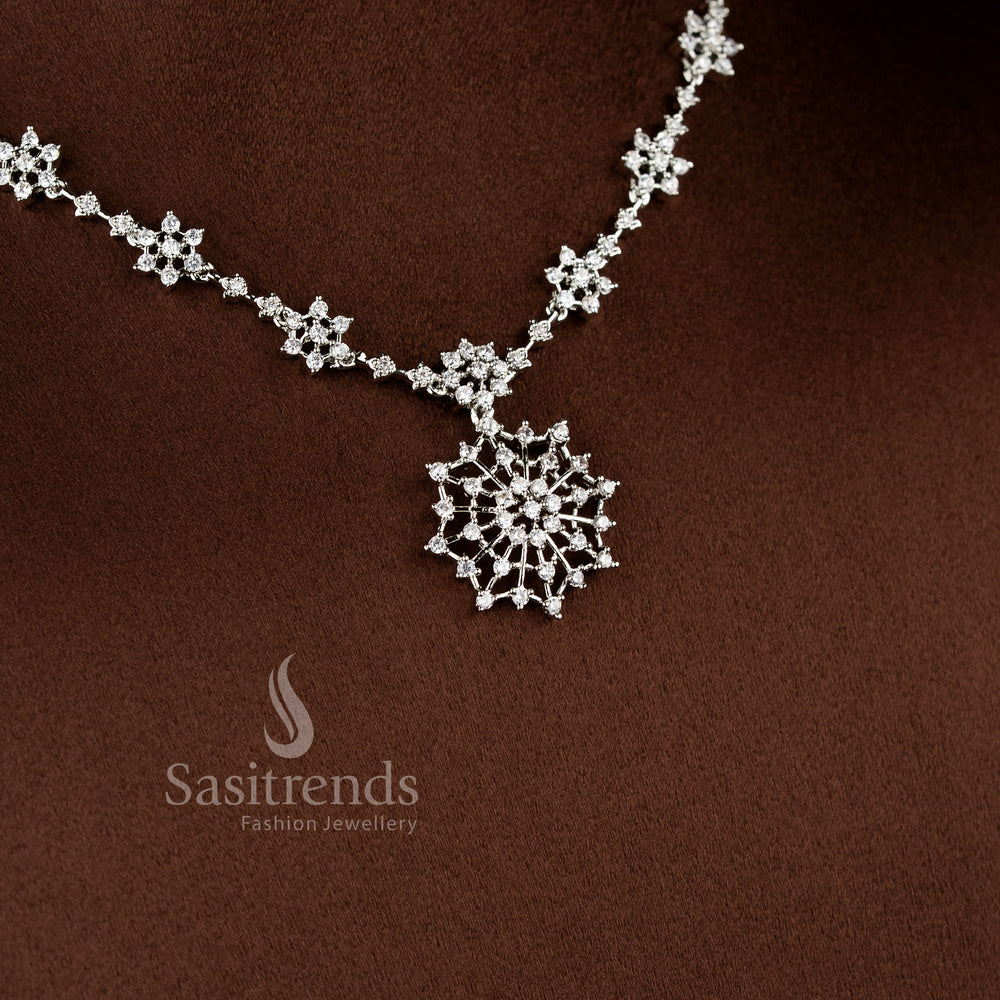 American Diamond Silver Plated Necklace Set with floral motifs and sparkling snowflake-inspired pendant detailing - Sasitrends