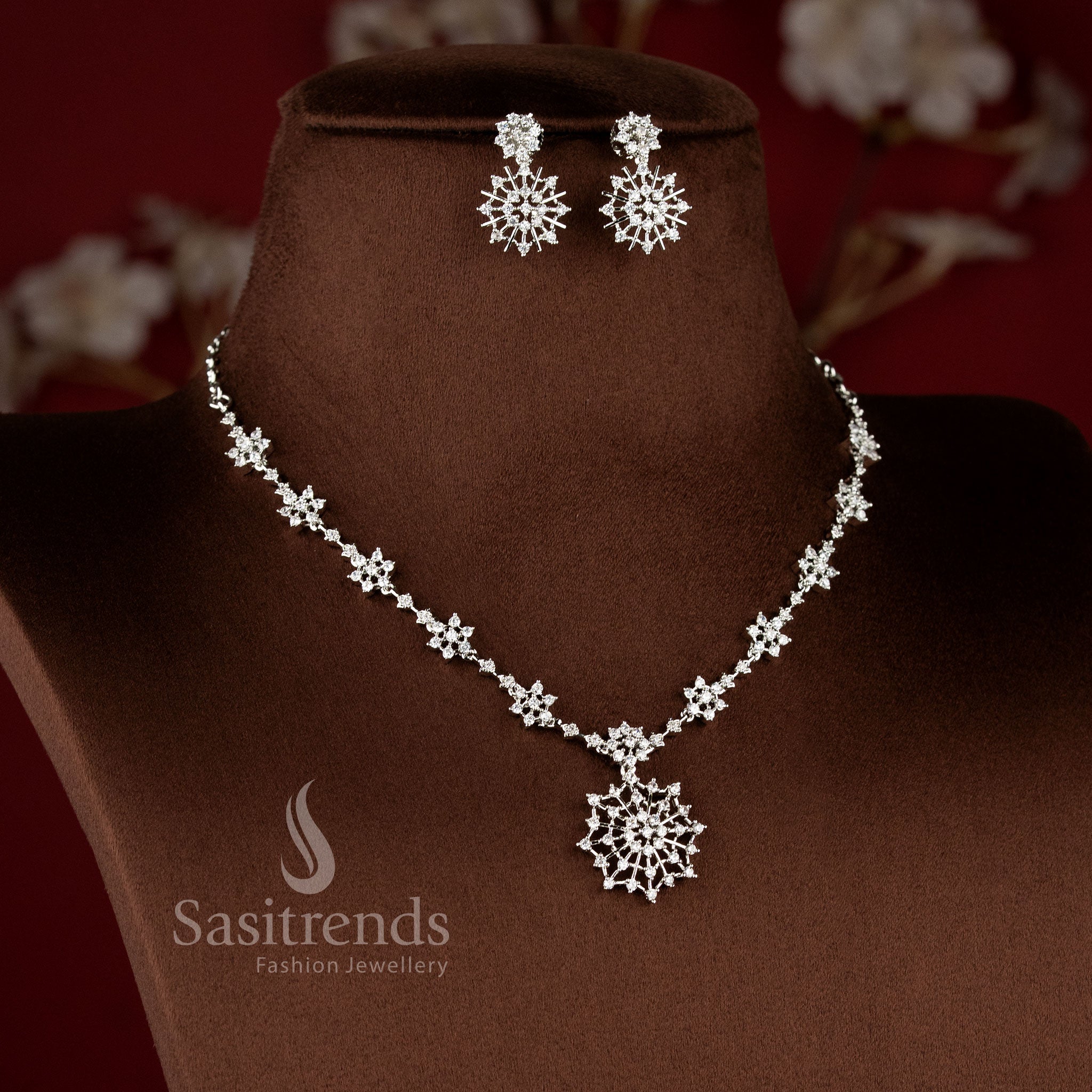 Snowflake Bloom American Diamond Silver Plated Necklace Jewellery Set featuring floral stone links and an intricate snowflake pendant design - Sasitrends