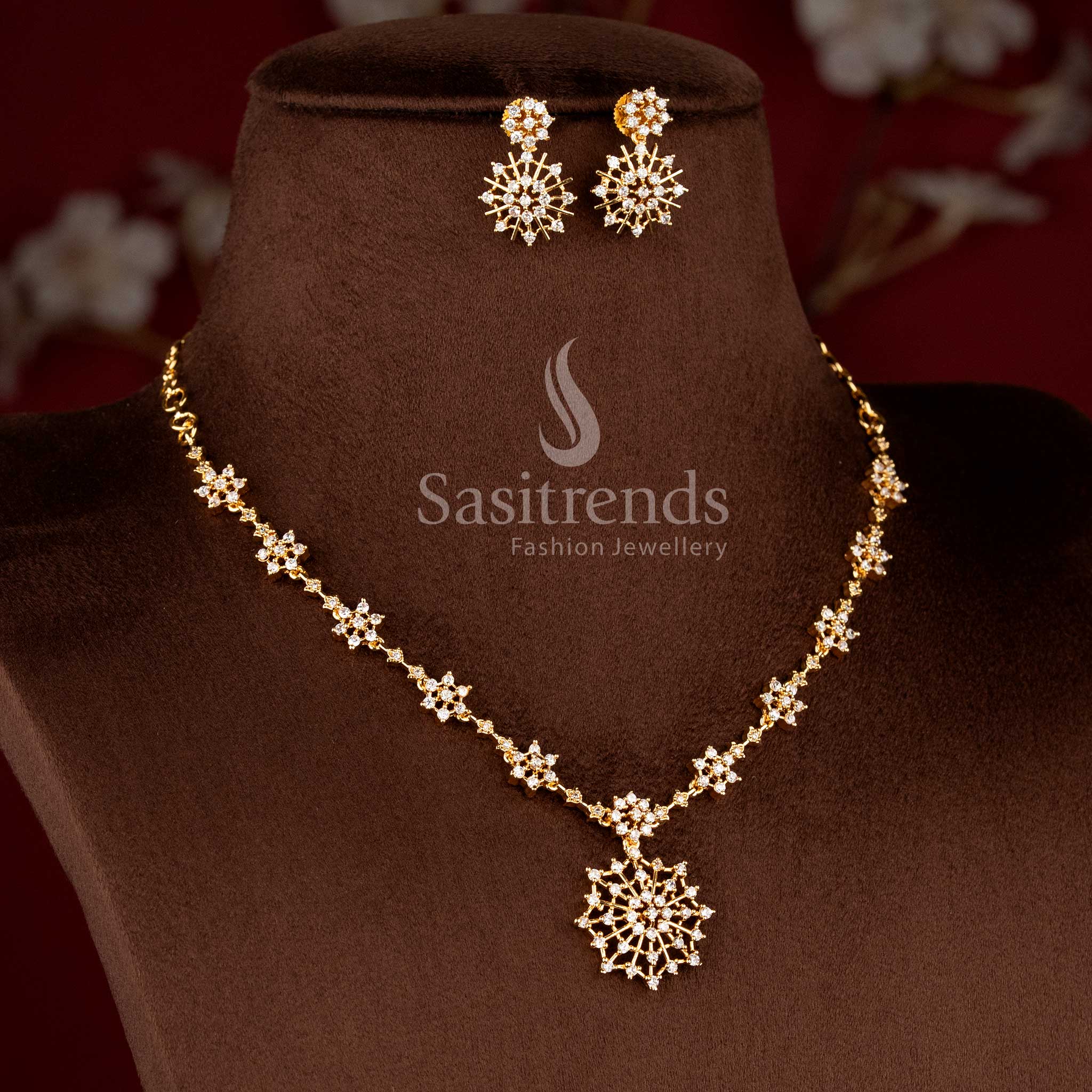 Snowflake Bloom American Diamond Micro Gold Plated Necklace Set - Sasitrends