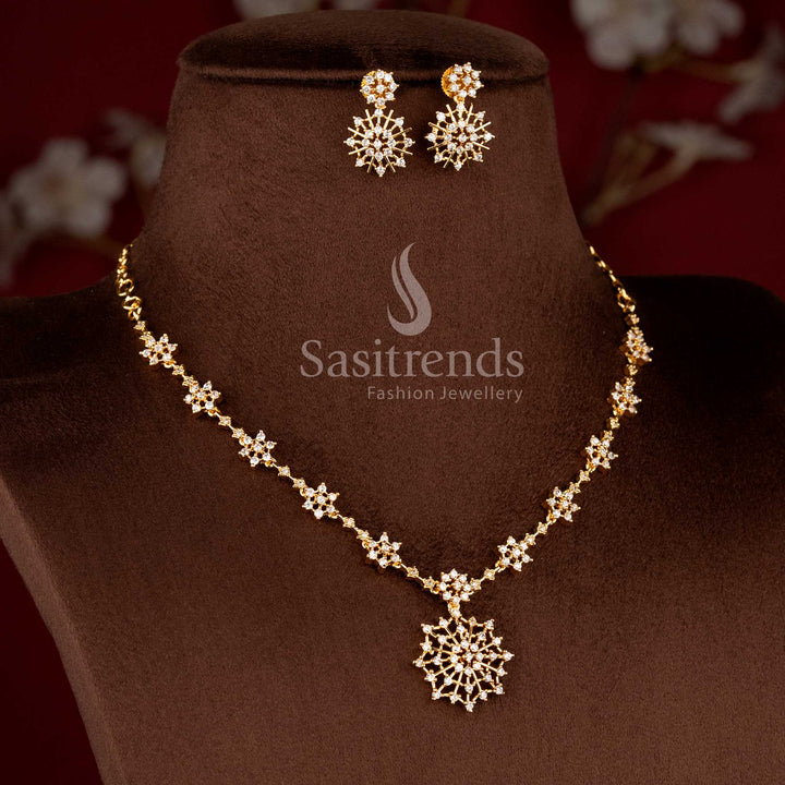 Snowflake Bloom American Diamond Micro Gold Plated Necklace Set - Sasitrends