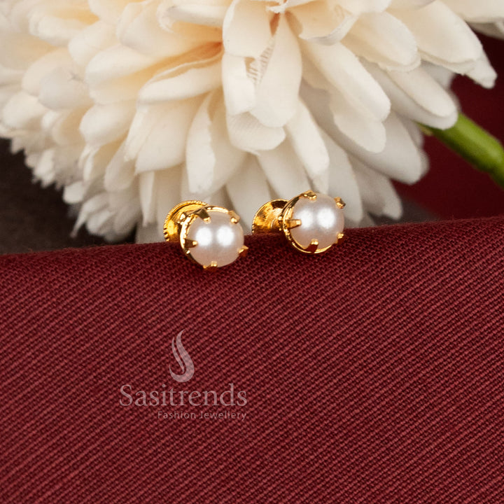 Real gold look screw type stud earrings crafted with detailing and elegant stone setting - Sasitrends.