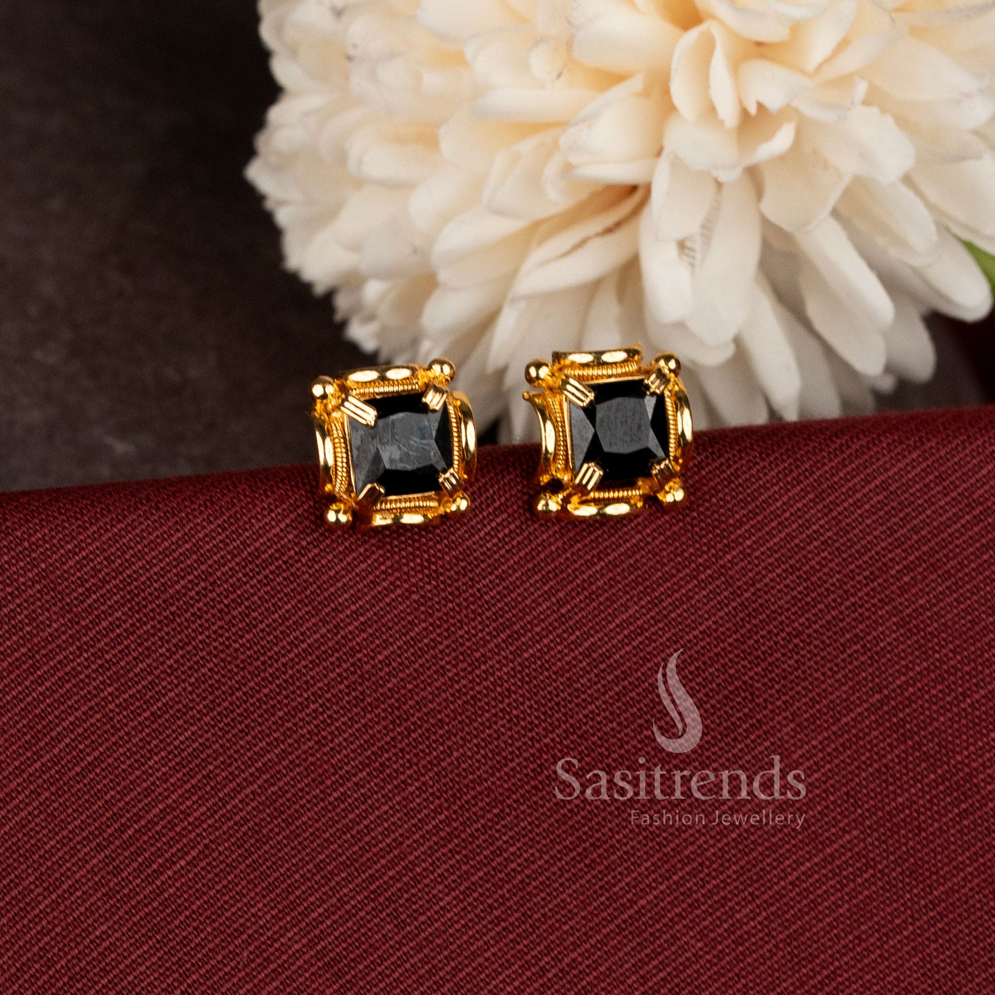 Royal Square Cut Screw Back One Gram Micro Gold Plated Stud Earrings with sparkling stone and 24K gold-like finish - Sasitrends
