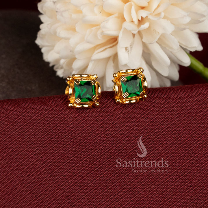 Elegant square stone stud earrings featuring secure screw-back closure and premium micro gold plating - Sasitrends.