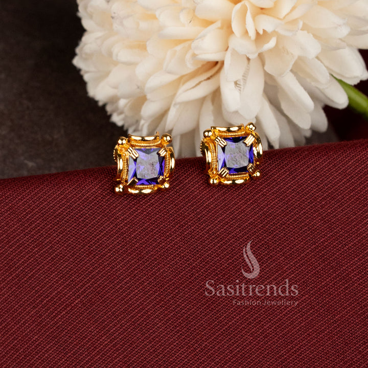 Elegant square purple stone stud earrings featuring secure screw-back closure and premium micro gold plating - Sasitrends.