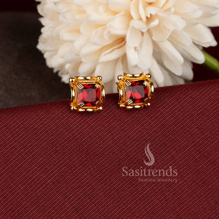 Elegant square stone stud earrings featuring secure screw-back closure and premium micro gold plating - Sasitrends
