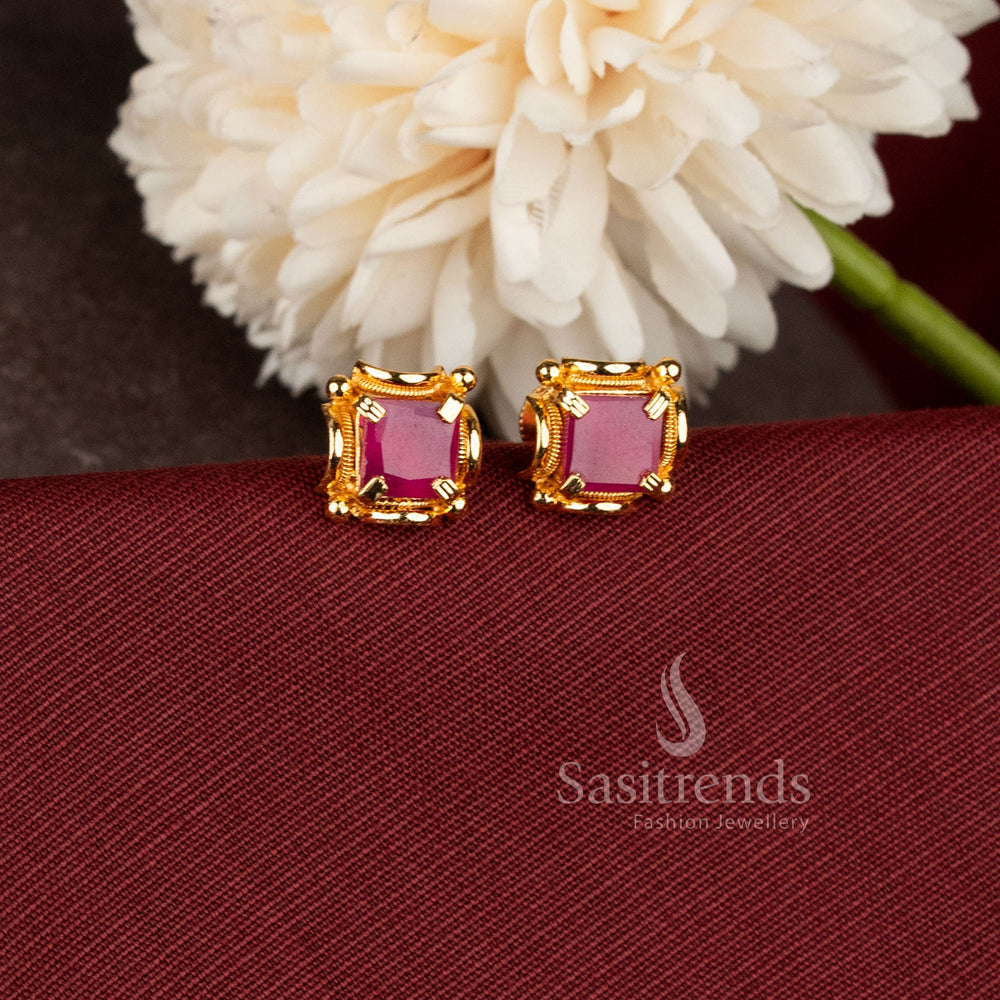 Traditional screw type stud earrings with brilliant square stone detailing and rich gold finish - Sasitrends