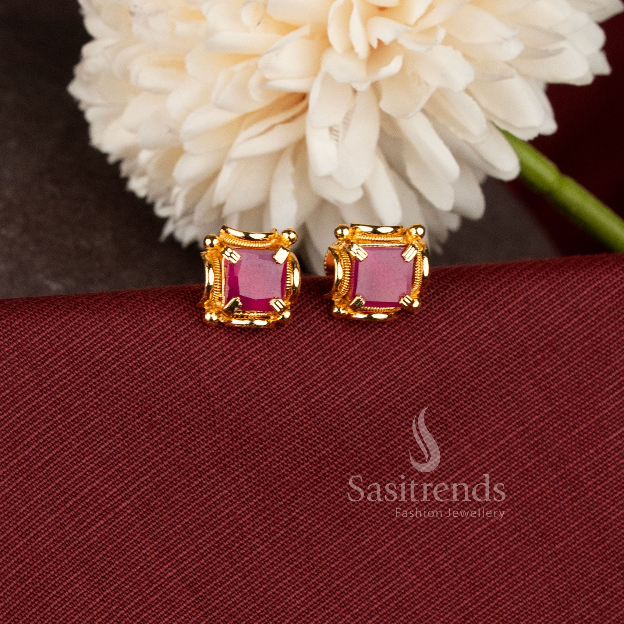 Traditional screw type stud earrings with brilliant square stone detailing and rich gold finish - Sasitrends