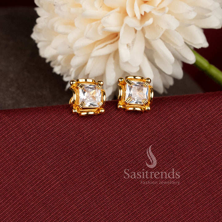 Royal Square Cut Screw Back One Gram Micro Gold Plated Stud Earrings with sparkling stone and 24K gold-like finish - Sasitrends