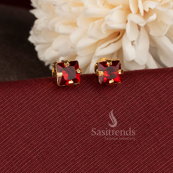 One Gram Micro Gold Plated Radiant Square Stone Screw Back Stud Earrings - Sasitrends