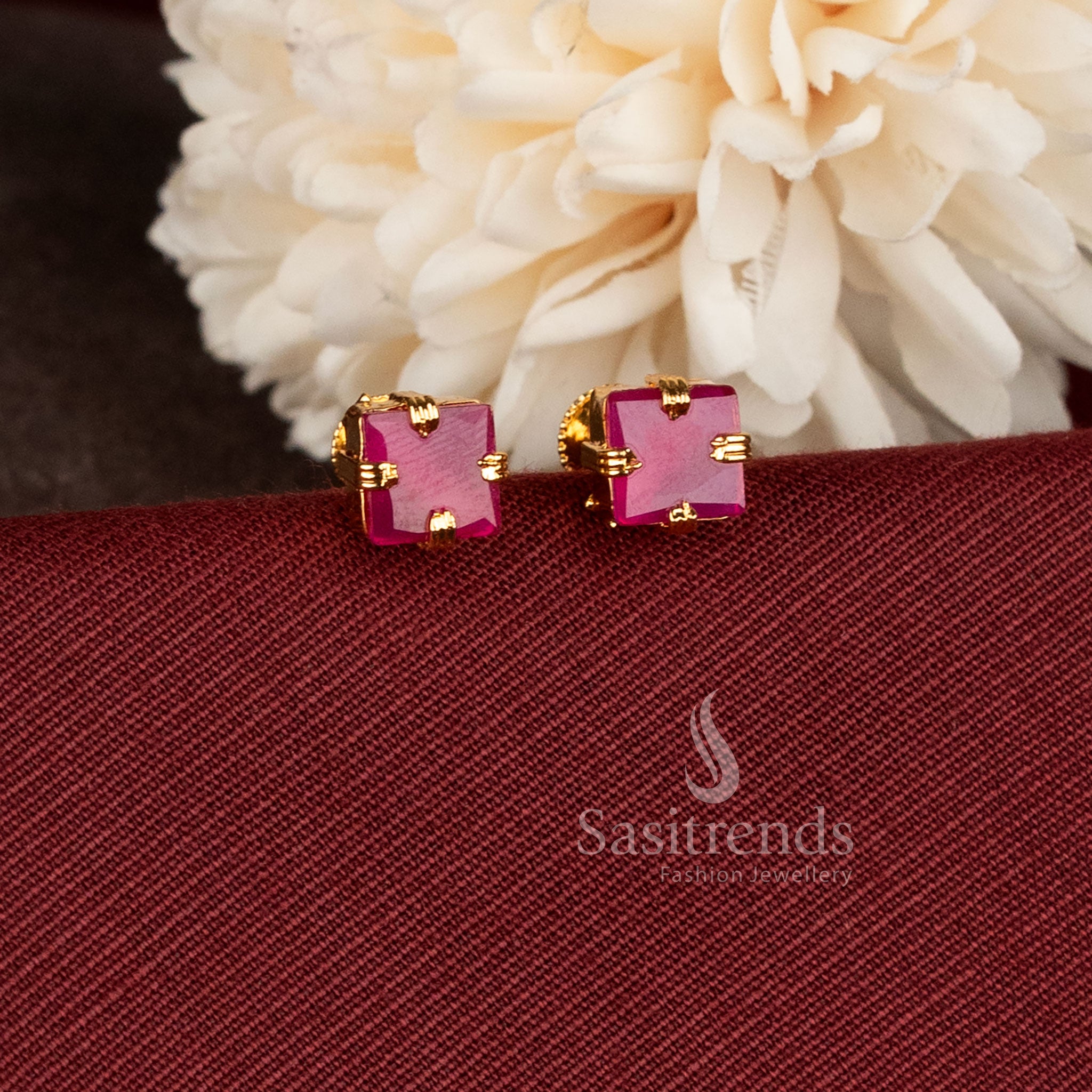 Radiant Square Stone Screw Back One Gram Micro Gold Plated Stud Earrings with elegant square-cut stone design - Sasitrends.