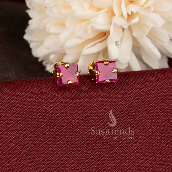 Radiant Square Stone Screw Back One Gram Micro Gold Plated Stud Earrings with elegant square-cut stone design - Sasitrends.