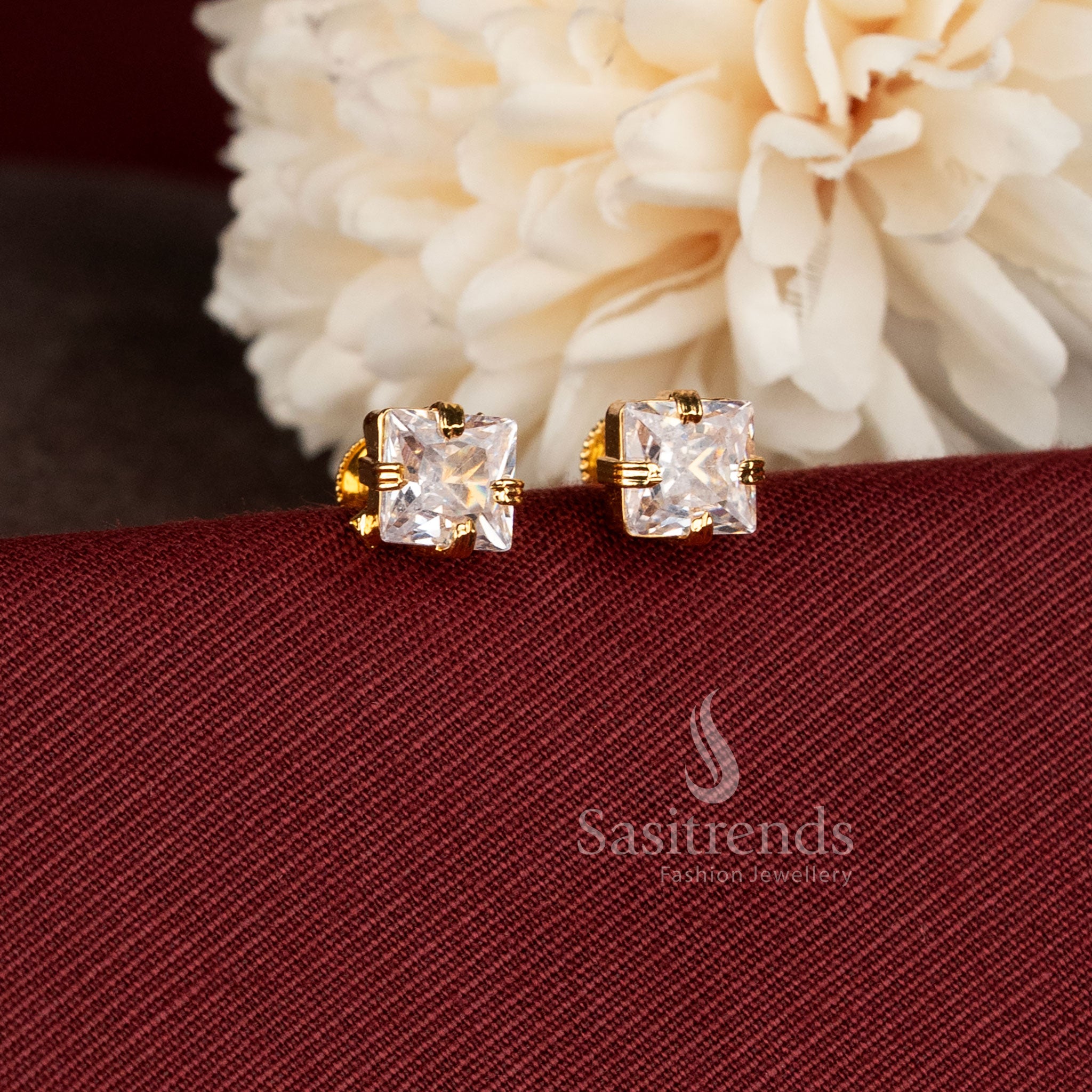 Radiant Square Stone Screw Back One Gram Micro Gold Plated Stud Earrings with elegant square-cut stone design - Sasitrends.
