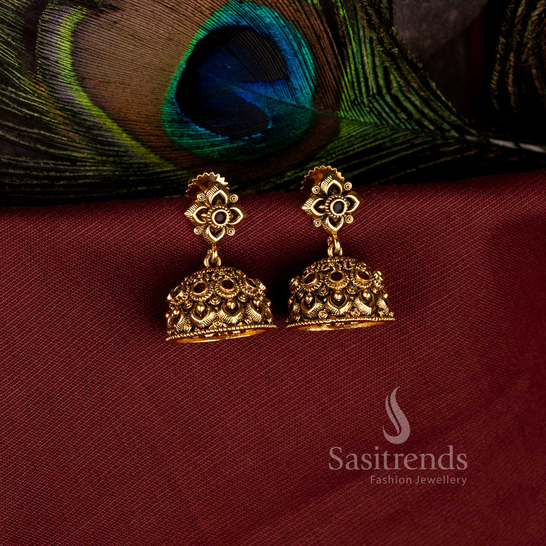 Majestic Floral Matte Gold Plated Jhumka Earrings with intricate heritage detailing - Sasitrends