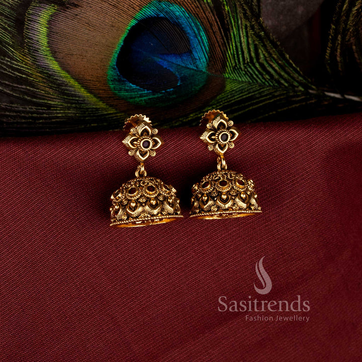 Majestic Floral Matte Gold Plated AD Jhumka Earrings for Festive and Wedding Wear - Sasitrends