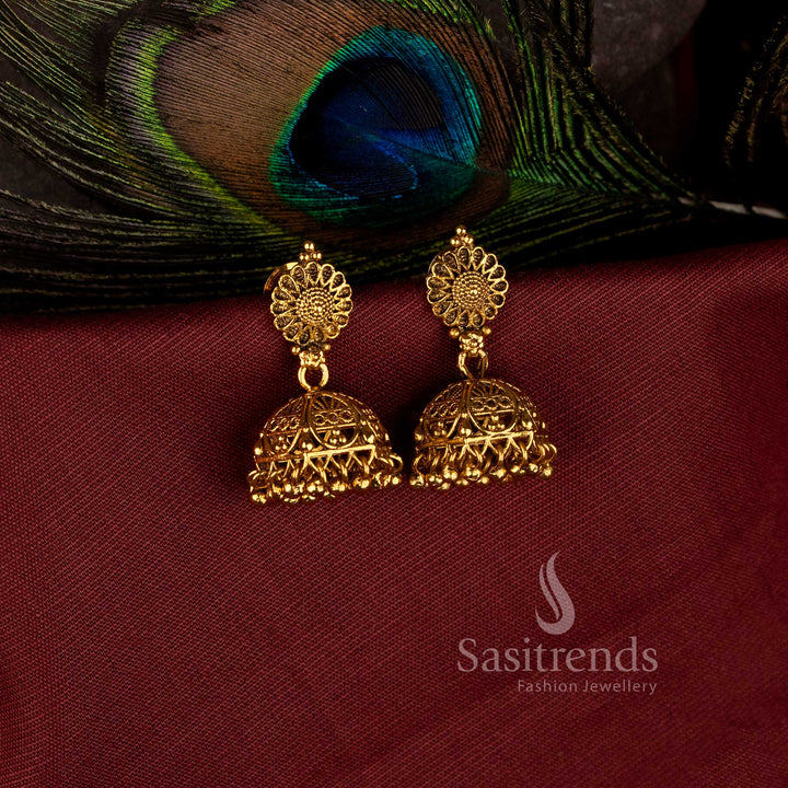 Graceful Sunflower Motif Matte Gold Plated Jhumka Earrings for Festive Wear - Sasitrends