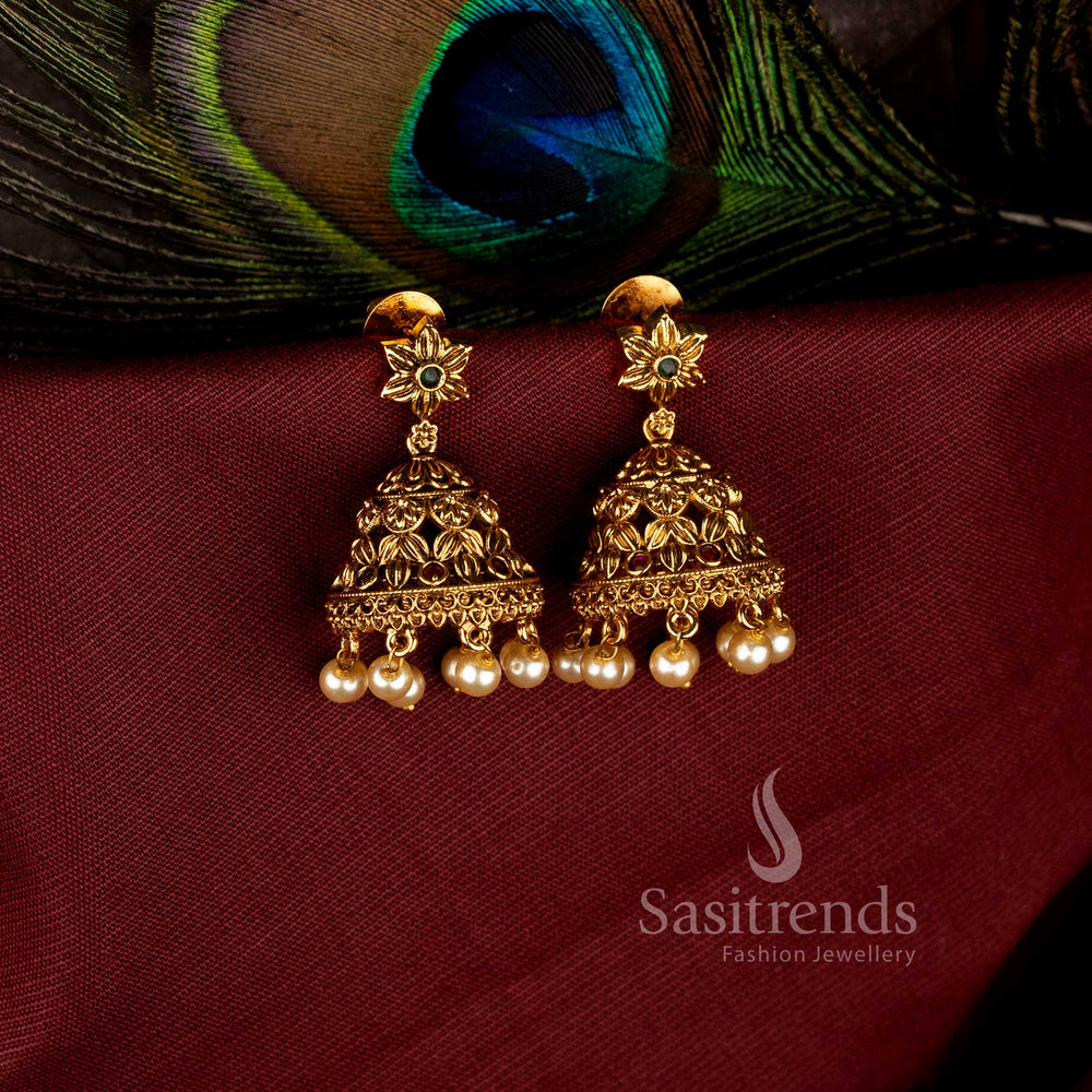 Vintage matte gold plated jhumka earrings with pearl drops for weddings - Sasitrends
